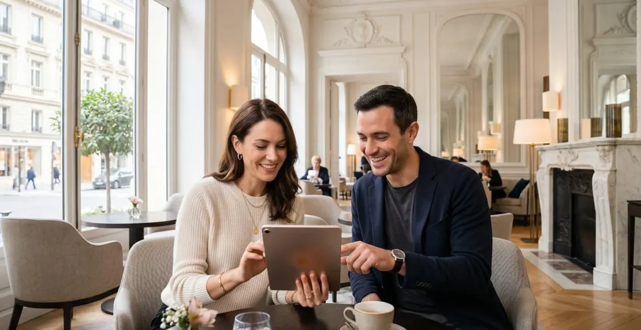 Couple élégant vu de dos consultant une tablette dans le hall lumineux d'un hôtel parisien aux moulures haussmanniennes