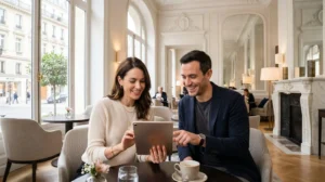 Couple élégant vu de dos consultant une tablette dans le hall lumineux d'un hôtel parisien aux moulures haussmanniennes