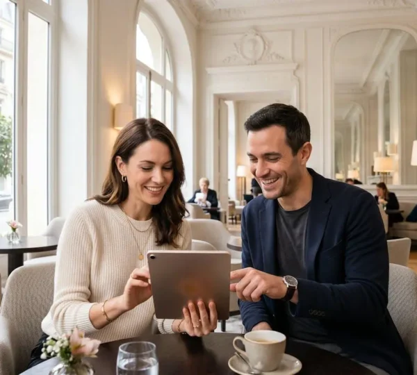 Couple élégant vu de dos consultant une tablette dans le hall lumineux d'un hôtel parisien aux moulures haussmanniennes