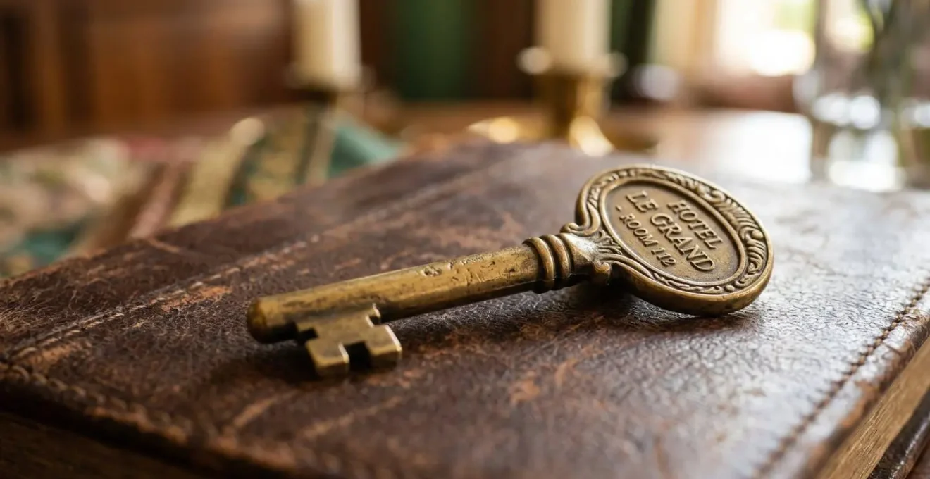 Gros plan détaillé d'une clé d'hôtel vintage en laiton posée sur un registre ancien en cuir patiné