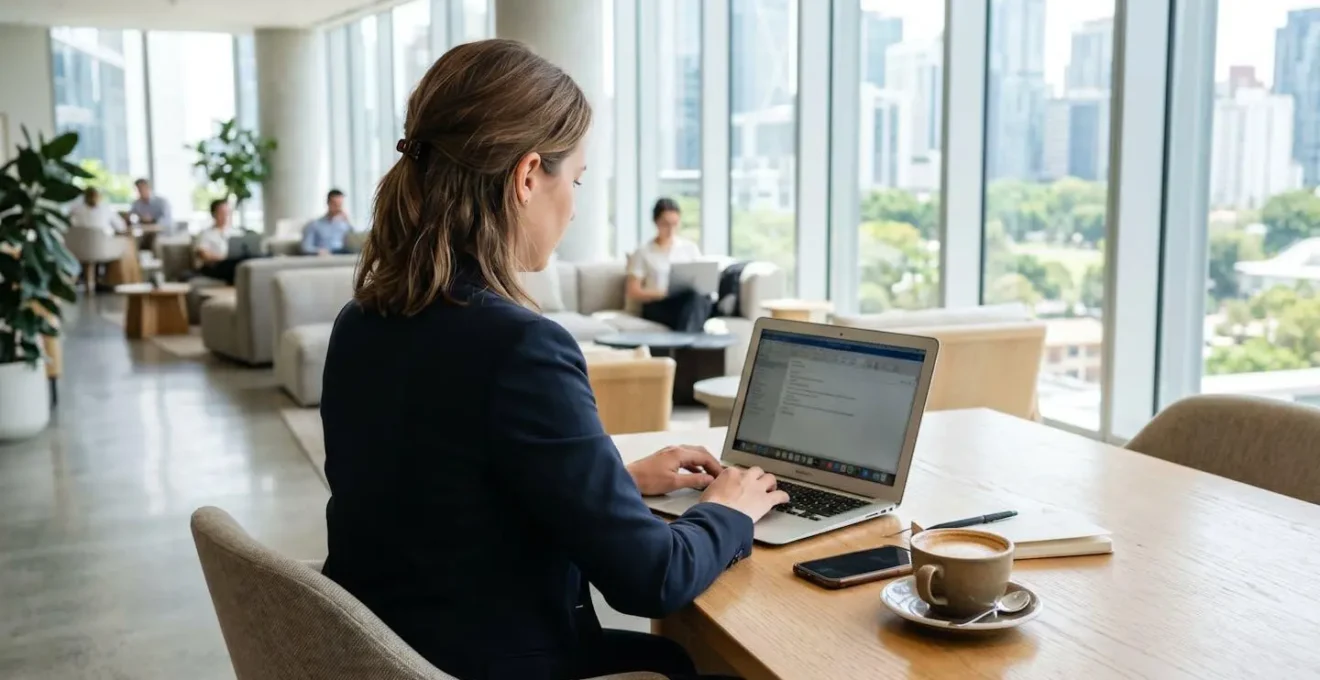 Vue par-dessus l'épaule d'un professionnel travaillant sur ordinateur portable dans un espace lounge d'hôtel lumineux avec tasse de café