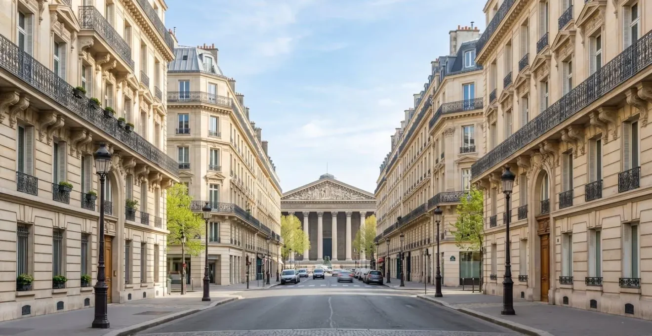 Vue en perspective d'une rue typique du 8ᵉ arrondissement avec immeubles haussmanniens en pierre de taille et l'Église de la Madeleine visible en arrière-plan